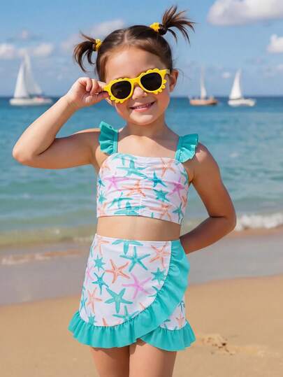 Costume da bagno a 3 pezzi per ragazze (taglia piccola), con stampa e rifiniture arricciate