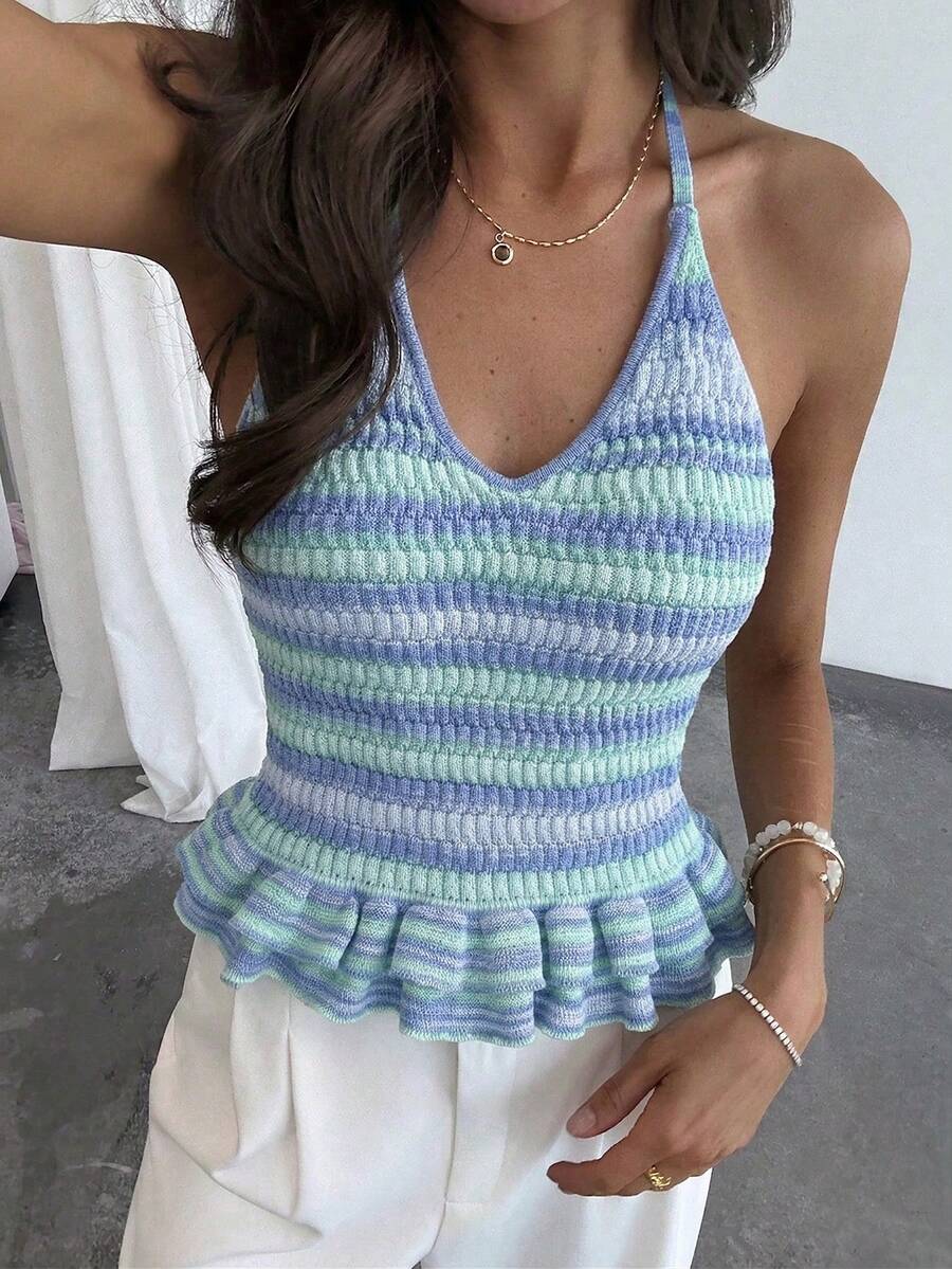 Selianne Elegant Fitted Ombre Backless Halter Ruffle Hem Beach Y2k Holiday Boho Knit Top For Women, Spring/Summer - Blue - View 1