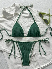 Swim Mod 女士夏季纯色提花面料荷叶边系带两件式比基尼套装 Zestiva泳装比基尼套装 女士Yummy Control泳衣 钩针编织泳衣 女士比基尼 Alt比基尼套装 女士比基尼套装 泳装 沙滩日光浴比基尼套装 女士假日绿色泳衣 - 綠色 - 查看 2