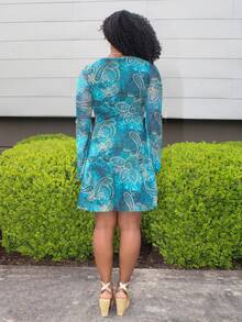 Steph T Y2K Women Boho Vintage Paisley Print Teal Printed Casual Long Sleeve V-Neck Cinched Waist Women Mini Dress - Multicolor - View 2