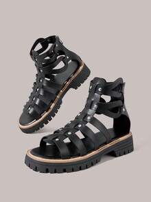 Styleloop Spring And Summer New Korean Version Roman Willow Nails Cool Boots Medium Help Flat Bottom Casual Breathable Sandals Women's Summer - Black - View 5