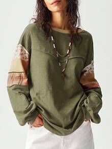 SHEIN BohoFeels Plus Size Women Patchwork Floral Plaid Print Round Neck Drop Shoulder Long Sleeve Casual Loose T-Shirt/Winter - Army Green - View 6