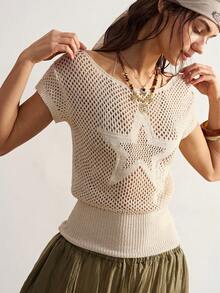 Bohemela Áo dệt kim tối giản hình ngôi sao năm cánh khoét rỗng dành cho nữ - Màu be - Xem 6