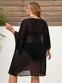 SHEIN CURVE+ Curve 尺码 US22 音乐节、海滨度假、波西米亚风女士度假纯色撞色蕾丝蝙蝠袖连衣裙 - 黑色 - 查看 3