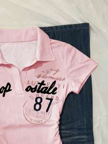 SHEIN 女士休闲字母图案 Polo 领短袖修身收腰 T 恤，夏季 - 粉色 - 查看 4