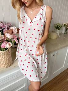 SHEIN Áo ngủ không tay nữ 100% cotton màu trắng in họa tiết trái tim, kiểu dáng lãng mạn và tươi mát. - Nhiều màu - Xem 1