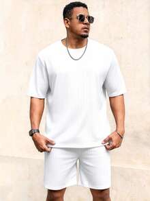Manfinity Homme Conjunto de camiseta de manga corta de cuello redondo y pantalones cortos de unicolor minimalista para hombres de talla grande - Blanco - Ver 6