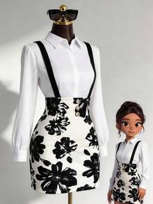Fine & Folde Suspender Waist Fitted Skirt With Button Decor, Elegant Romantic Sophisticated Ladies Pencil Skirt, Suitable For Work, Commute And Casual Outings - Multicolor - View 1