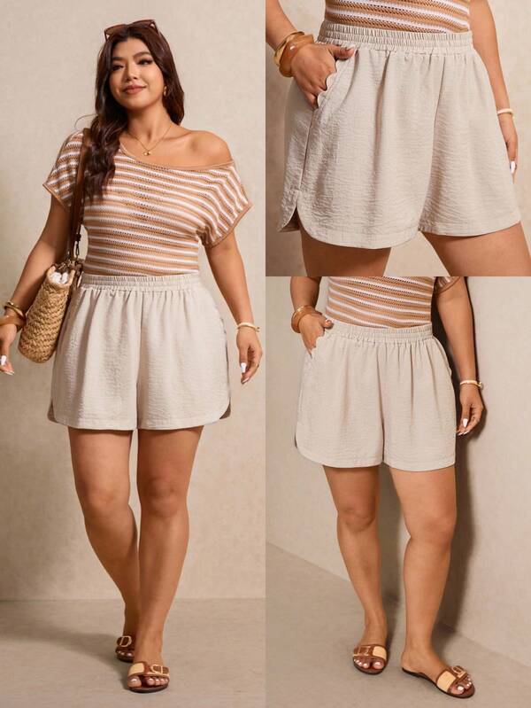 Elaquor Plus Size High Waist Loose Shorts, Suitable For Beach Vacation, Khaki Casual Sports Shorts With Side Slits Casual Summer Shorts