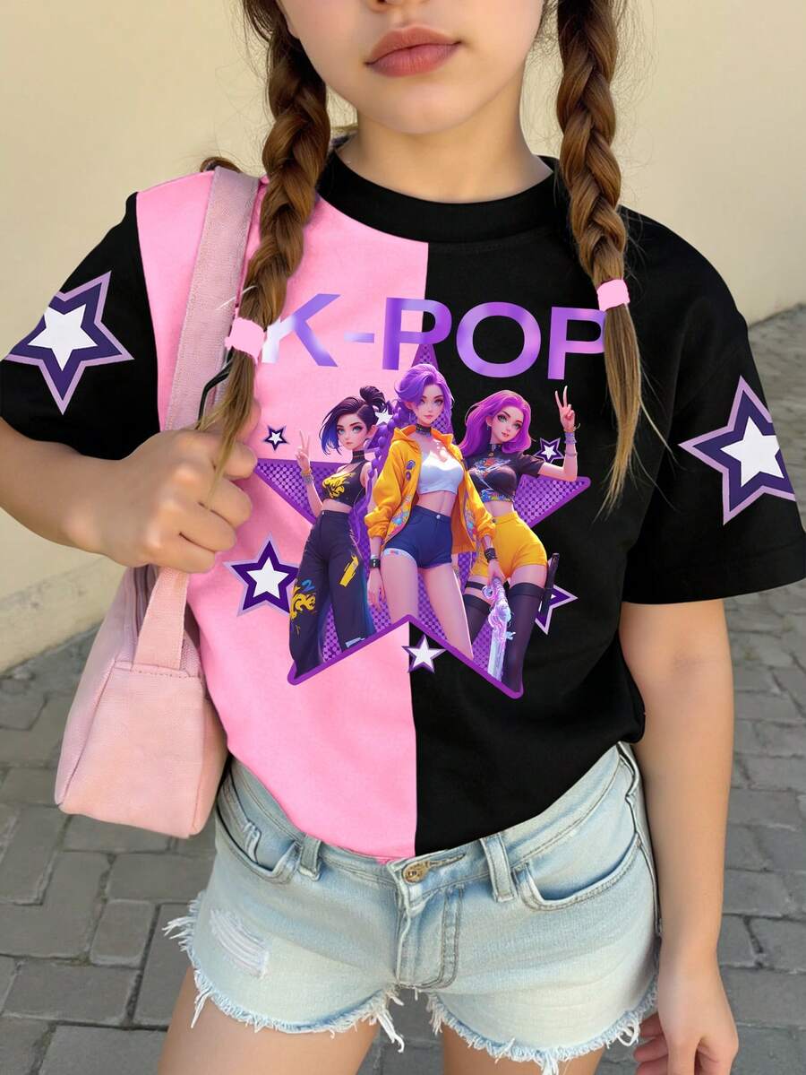 Pink And Black Summer Cute School Tween Girl Vibe Graphic Tee,Virtual Girl Group Character Star Print Contrast Color Letter Slogan Fashion Casual Top - Multicolor - View 1