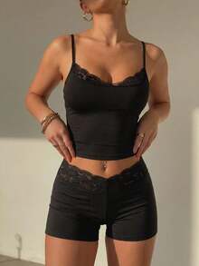 SHEIN EZwear Bộ đồ dệt kim màu đen kiểu dáng thường ngày dành cho nữ - màu đen - Xem 7