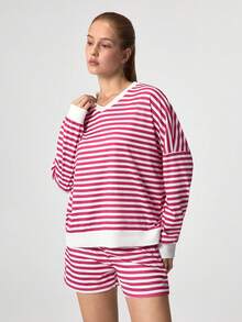Loungeista Women Striped Long Sleeve Top And Shorts Lounge Set, Loose Fit, Color Block, V-Neck Casual Sleepwear Cozy Outfit, Fall Winter Clothesfor Summer - Purple - View 4