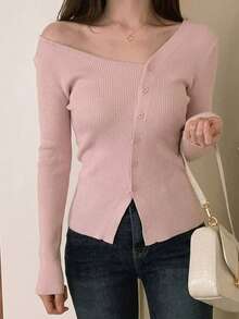 DAZY Cardigan Wanita Kasual Warna Polos dengan Kerah Asimetris - Berwarna merah muda - View 5