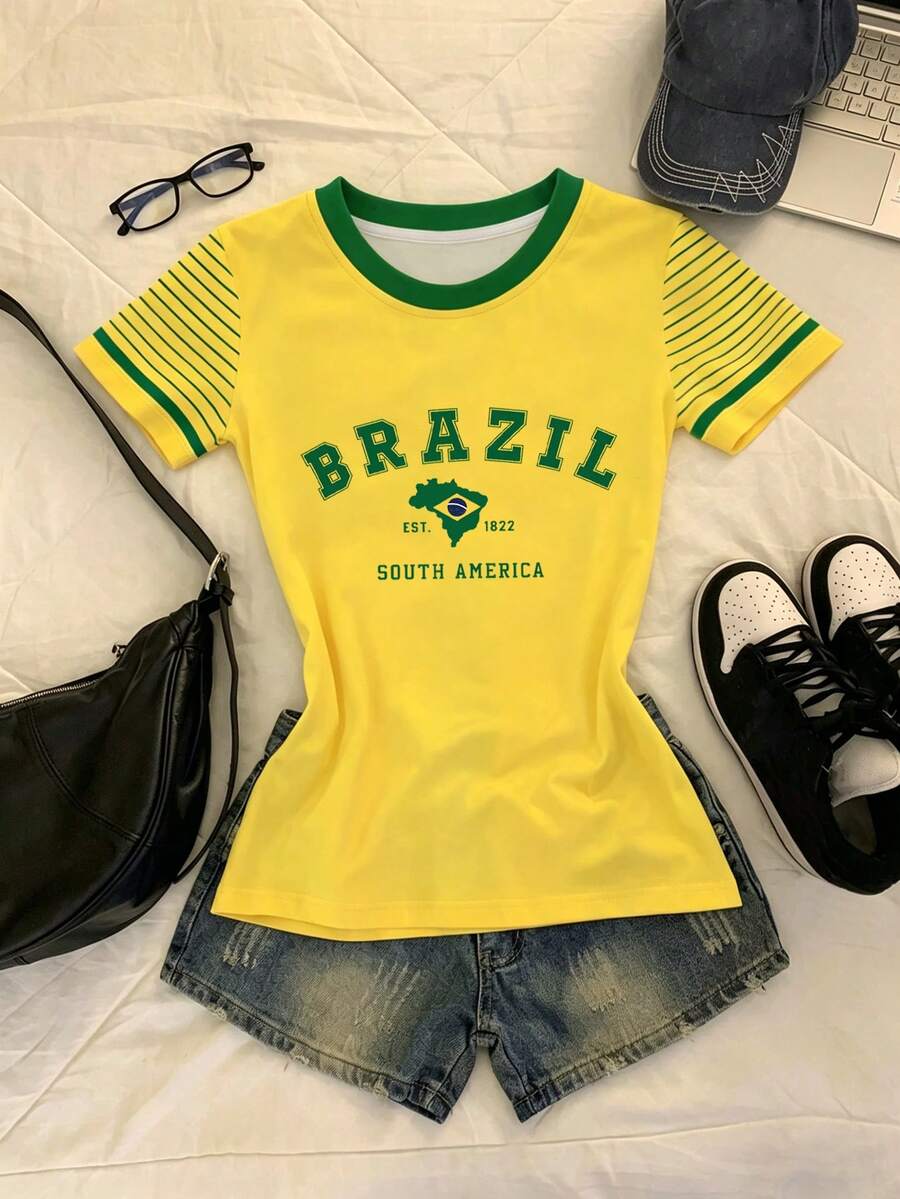 SHEIN Áo thun nữ in họa tiết tương phản vàng và xanh lá cây kiểu Nam Mỹ Brazil, thích hợp cho mùa hè, đi làm hàng ngày, quà tặng lễ hội, thời trang, áo thun sành điệu, áo thun đẹp, quà tặng anh chị em, quà tặng mẹ, quà tặng Ngày của Mẹ, áo thun thường ngày nhưng vẫn thời trang. - xanh quân đội - Xem 1
