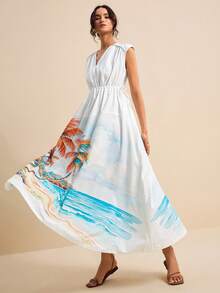 LOTSLUV Đầm dài in họa tiết cây dừa trên nền trắng dành cho nữ, cổ chữ V, không tay, cổ nhún, eo có dây rút, thích hợp cho kỳ nghỉ xuân/hè. - Nhiều màu - Xem 5