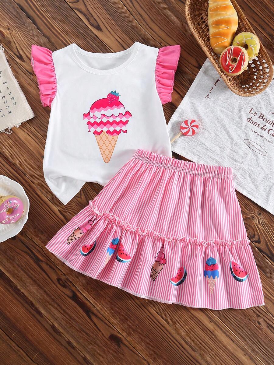 Genkimix Kids 2pcs/Set Young Girl' Ruffle Sleeve Top With Interesting Ice Cream Print & Striped Skirt - Pink - View 1