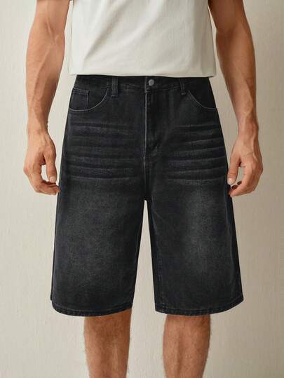 RONVEXI Quần short denim rộng rãi màu đen dành cho nam, phong cách Urban Chill