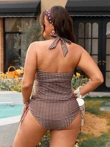 Swim Mod 2026 New Plus Size Women 2pcs/Set Random Plaid Print Elegant Ruffle Trim Casual Tankini Swimwear, Summer - Brown - View 2