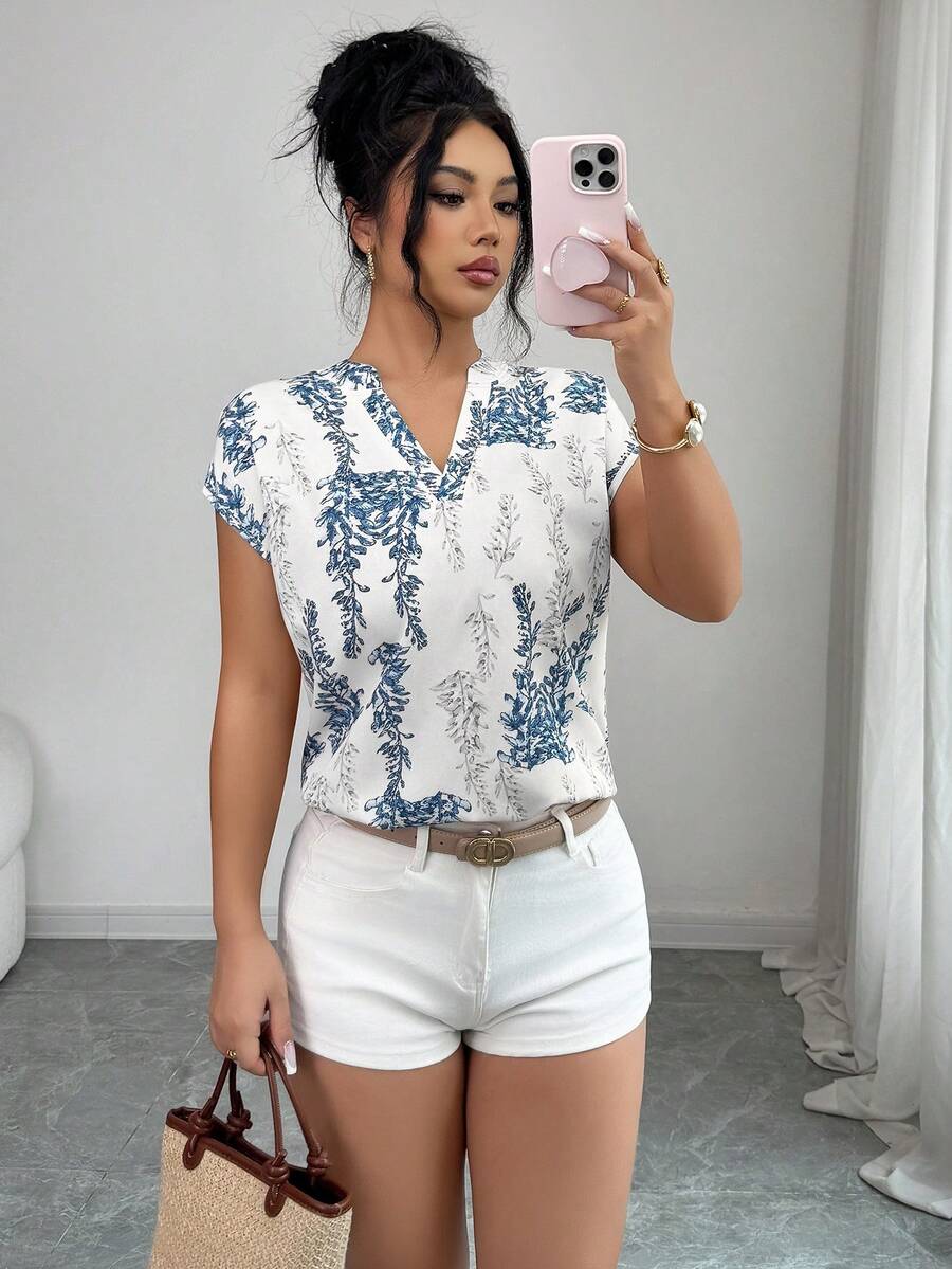 Elenzga 一件女士优雅度假风V领印花宽松无袖上衣,适合日常穿着、婚礼、正式场合、通勤、毕业派对、节日、约会、聚会、万圣节、圣诞节、新年、感恩节等场合。 - 藏蓝色 - 查看 1