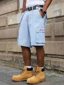 Manfinity EMRG Quần short denim nam màu xanh lam rách rưới, nhiều túi, kiểu dáng đường phố, kẻ sọc. - Rửa nhẹ - Xem 4