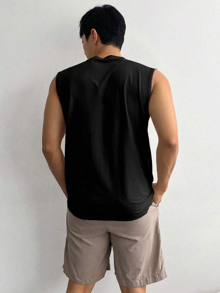 Men's Casual Letter Embossed Black Tank Top, Summer