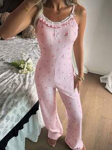 CottageSlumber Floral Lace Patchwork Backless Design Women Pajama Jumpsuit - Pink - View 7