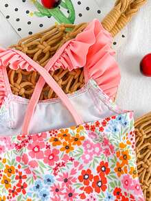 SHEIN Vintaside Kids 新生儿碎花连体泳衣，荷叶边装饰，针织面料，休闲版型，适合游泳、度假、夏季穿着，时尚优雅 - 彩色 - 查看 4