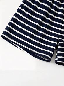 SHEIN 两件套少女圆领短袖条纹荷叶边袖T恤和条纹短裤套装 - 彩色 - 查看 7