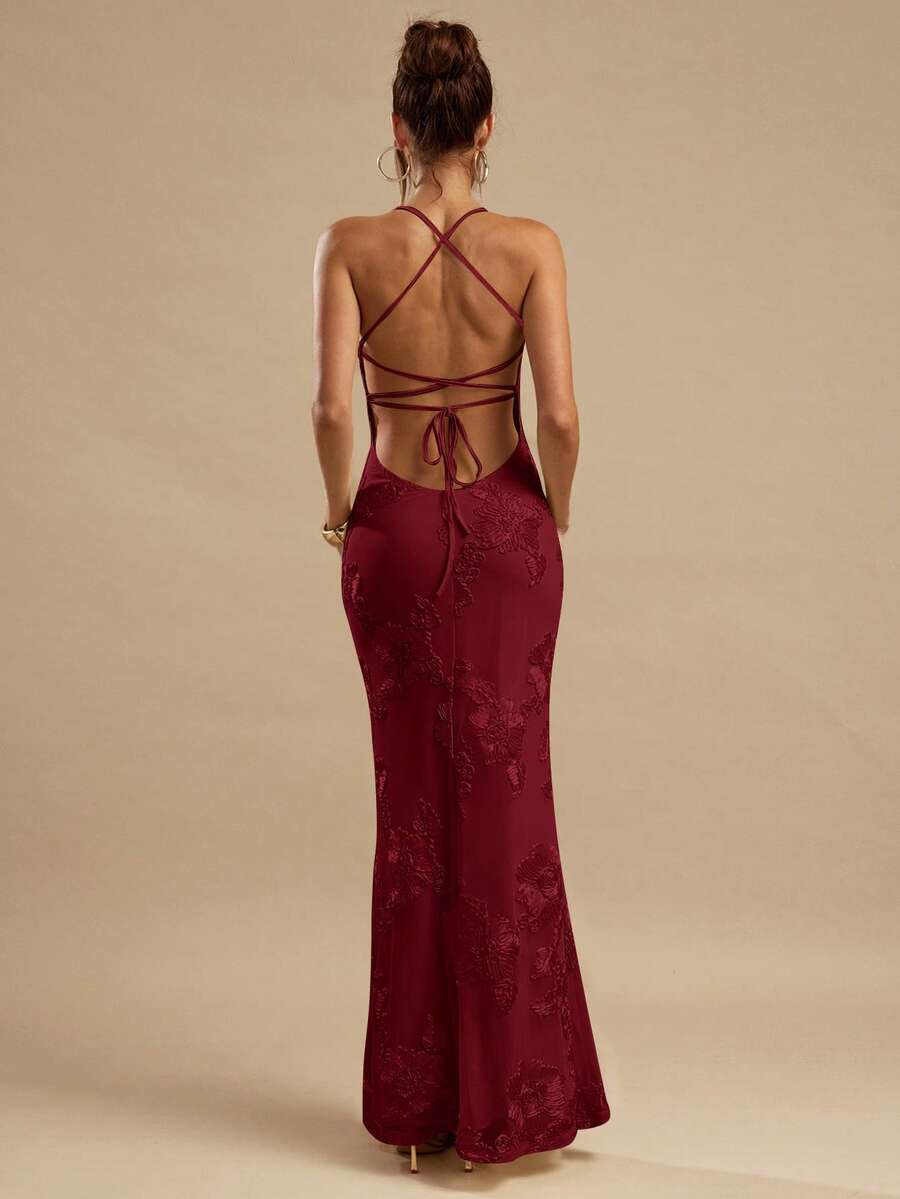 SHEIN BAE 纯黄色提花露背系带修身连衣裙，优雅大方，适合早午餐、婚礼宾客、鸡尾酒会、海滩度假等场合。 - 酒紅色 - 查看 1