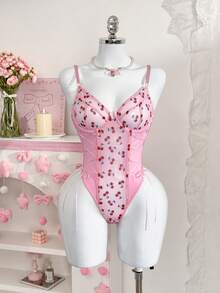 PetitDoll 樱桃印花网眼拼接系带吊带背心 - 珊瑚粉 - 查看 6