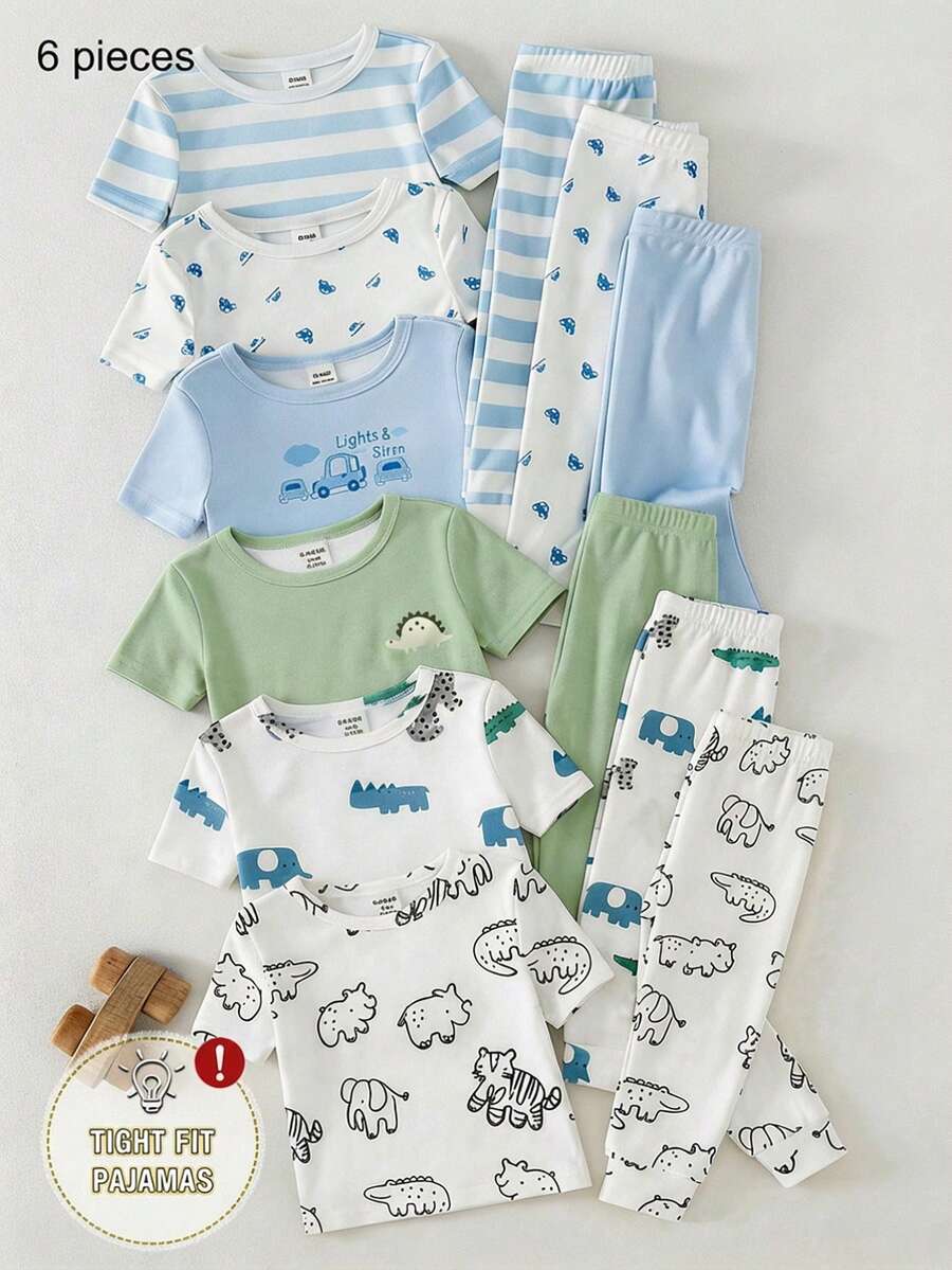 6件/3套幼儿男童可爱卡通恐龙动物印花配套针织短袖上衣和裤子两件套休闲家居服套装 - 彩色 - 查看 1