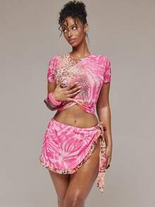 MUSERA 混色花卉动物纹网纱修身婴儿T恤和迷你裙套装，春夏伊比沙岛音乐节假日度假可爱性感Y2K夜店热带诱惑 - 彩色 - 查看 5