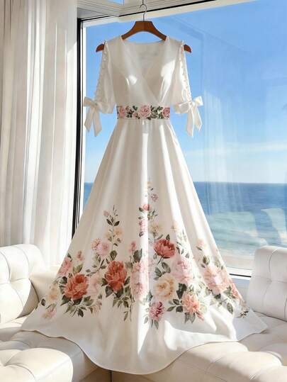 SHEIN Women's V-Neck Waist-Cinching Swing Dress With Pearl-Decorated Bud Sleeves And Bow Tie Elegant Dresses For Women Graduation Dress Women Wedding Guest Dress Summer Dresses Work For Women
