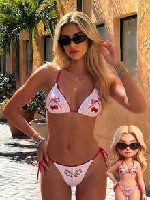 Swim Mod Halter Tie Soft Fabric Cherry Print 2 Pieces Bikini Swimwear Set - Multicolor - View 2