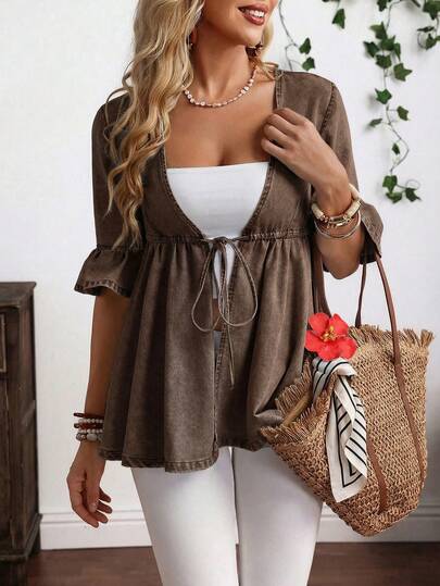 Breezaya Áo khoác denim tối giản màu trơn cỡ lớn dành cho mặc hàng ngày, kèm cà vạt.