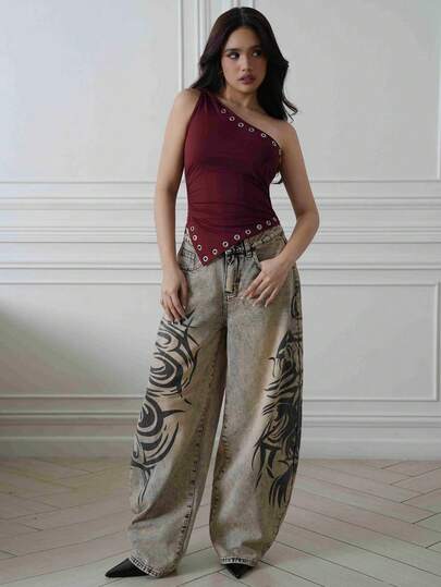 Criza Taa 新款酒红色铆钉镂空单肩上衣无袖裹身上衣Y2K颓废风金属上衣秋季女装