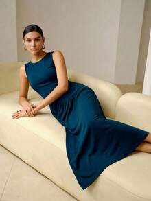 ZEYLAH FASHIONABLE CREW NECK SLEEVELESS DRAPED PLEATED KNIT DRESS, SPRING/SUMMER - Teal Blue - View 2