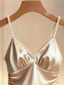 Franclia Women's Elegant Pleated Pearl Strap Top,Beige Cream Satin Ruched Fitted Camisole,Shiny Cami,Summer Night Out,Seductive White Gold - Champagne - View 3