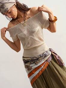 Bohemela Áo dệt kim tối giản hình ngôi sao năm cánh khoét rỗng dành cho nữ - Màu be - Xem 3