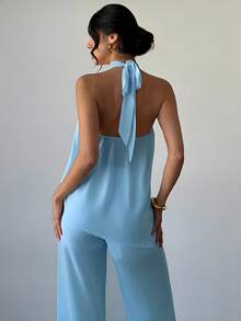 Firerie Bộ đồ nữ thanh lịch, thoải mái, màu hồng chiffon, không tay, cổ yếm, buộc dây, vạt áo lệch vai và quần ống đứng dáng rộng, mẫu mới Xuân/Hè. - Màu xanh lam - Xem 6