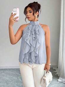 Elenzga Plus Size Women's Elegant Round Neck Ruffle Hem Blouse, Spring/Summer - Baby Blue - View 3
