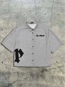 AXEPEAK 男士宽松字母格子印花短袖梭织衬衫 - 淺灰色 - 查看 1