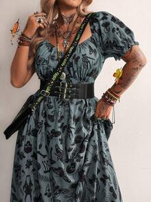 Flirla Vestido largo con cuello en V y estampado, estilo punk, talla grande, primavera/verano - Gris - View 7