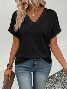 Balvessa Solid Color V-Neck Lace Patchwork Casual Short Sleeve T-Shirt Date Black Summer - Black - View 4