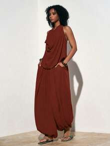 Zivah Women's Solid Color Halter Tie Top And Pleated Lantern Pants Casual Outfit,Vacation Outfits Women - Burgundy - View 3