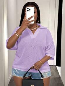 Slaydiva Loose Fit Solid Color V-Neck Drop Shoulder Hollow Out Knit Casual Blouse For Plus Size Women, Spring/Summer - Mauve Purple - View 6