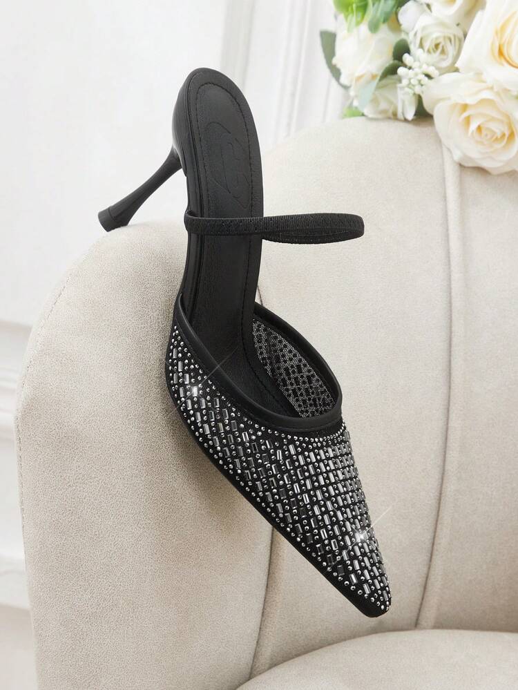 CUCCOO HITCHD Women's Spring/Summer New Mesh & Rhinestone Decor Square Toe One-Strap High Heel Wedding/Formal Dress Sandals, Romantic Elegant Black Color, Suitable For Valentine's Day