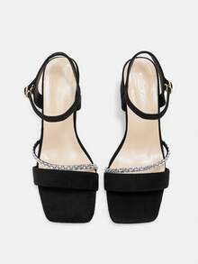 CUCCOO CURVES Women Shoes Women's Square Toe Black Strap With Rhinestone Strap Design Daily Versatile Fashion Wide Last High Sandals - Black - View 5