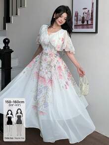 Modelyn Petite V-Neck Shawl Design Waist Cinched Flared Floral Print Chiffon Dress For Women ,Petite Women - Multicolor - View 4