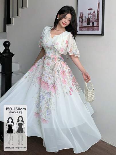Modelyn Petite V-Neck Shawl Design Waist Cinched Flared Floral Print Chiffon Dress For Women